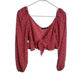 Blue Blush Cropped Tie Front Top Red White Dots S